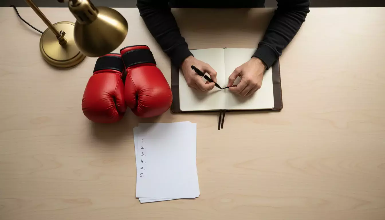 Person plant Einsätze mit Notizbuch und Stift neben einem Boxhandschuh