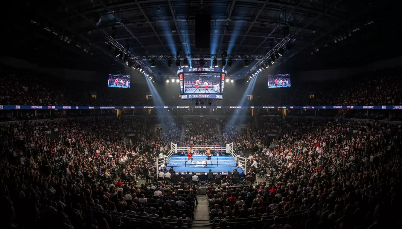 Mehrere Boxkämpfe nebeneinander in einer großen Kampfarena unter Spotlights