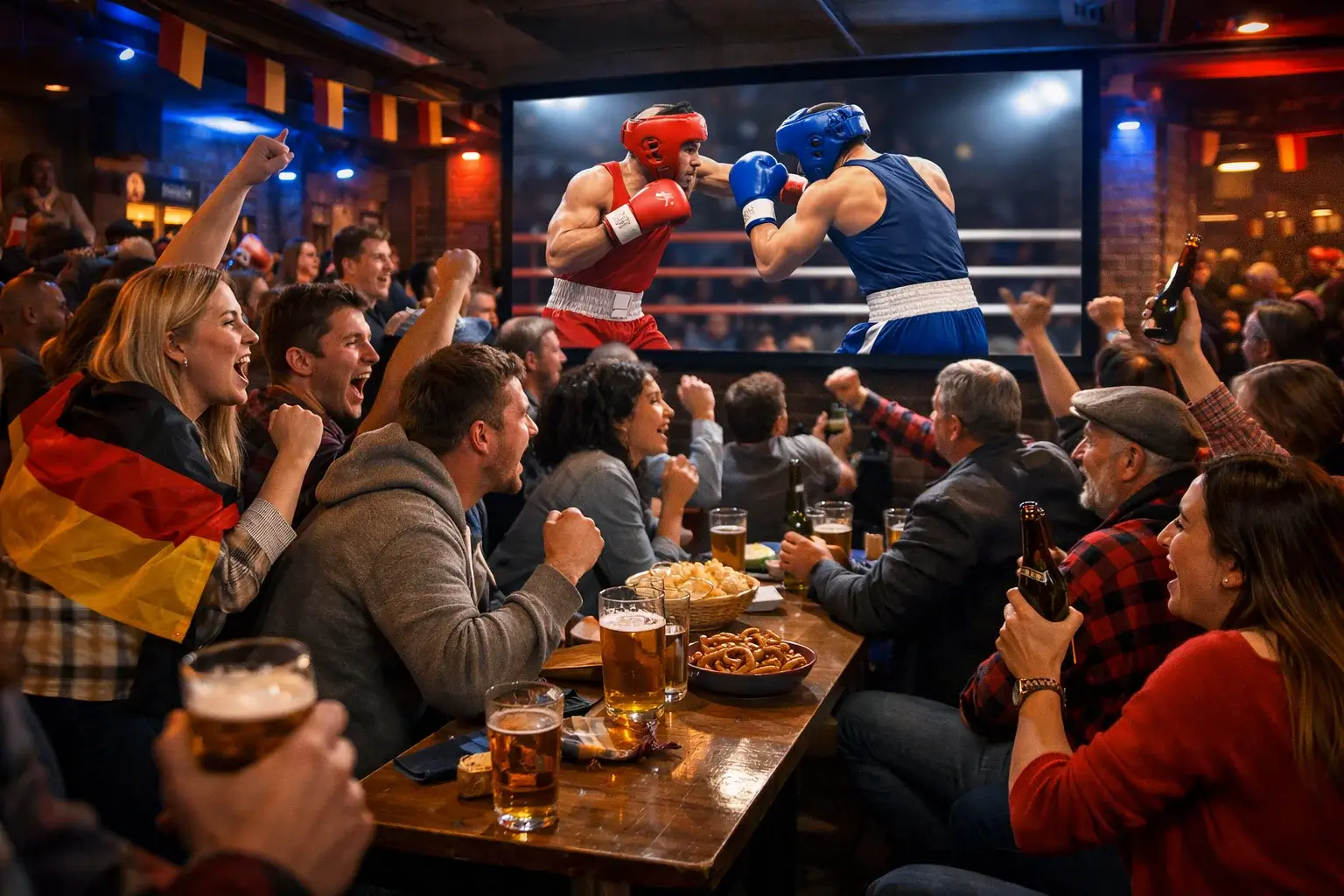 Zuschauer verfolgen einen spannenden Boxkampf auf einer Großbildleinwand in der Arena