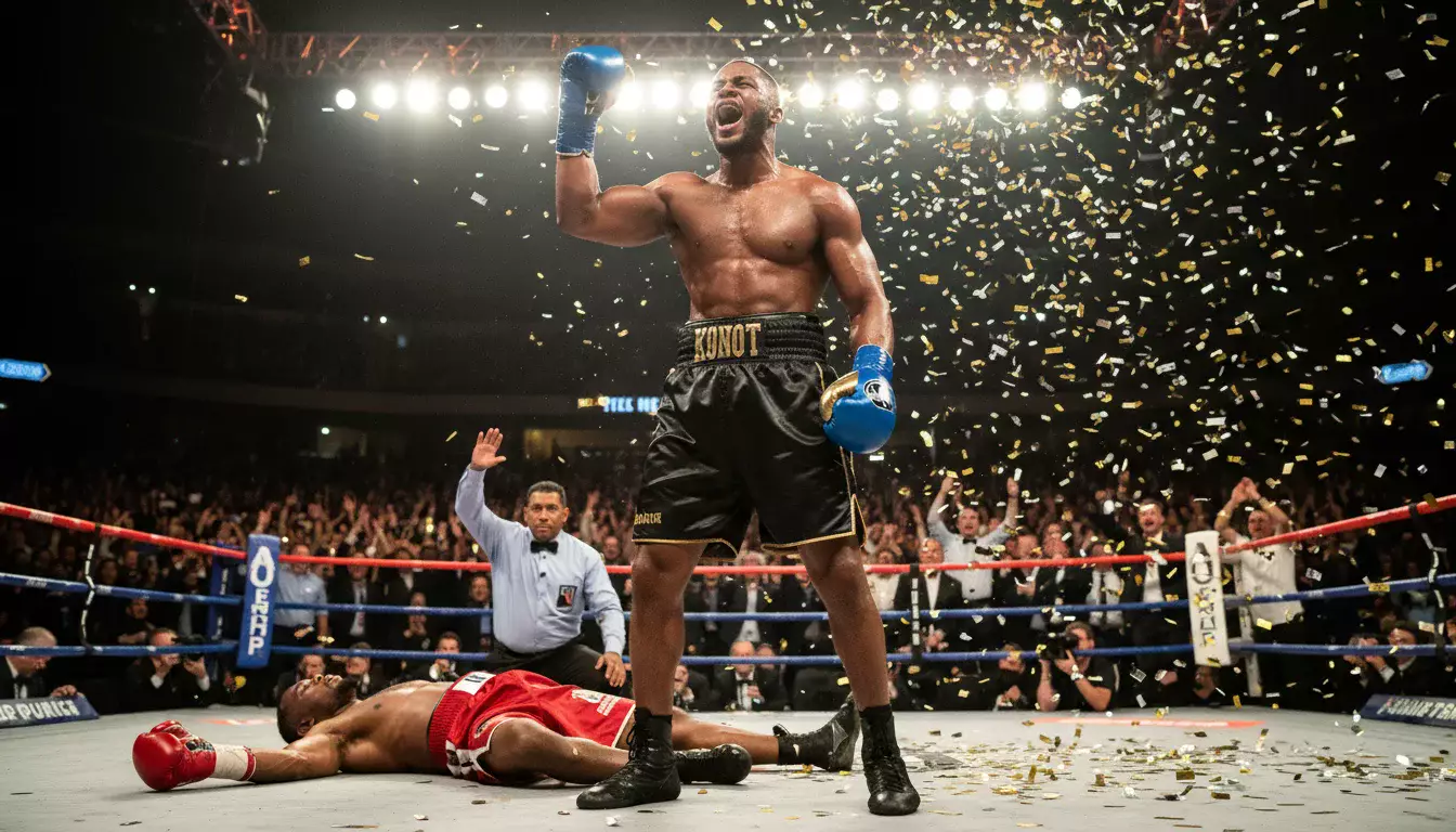Boxer feiert einen Knockout-Sieg im Ring mit erhobener Faust