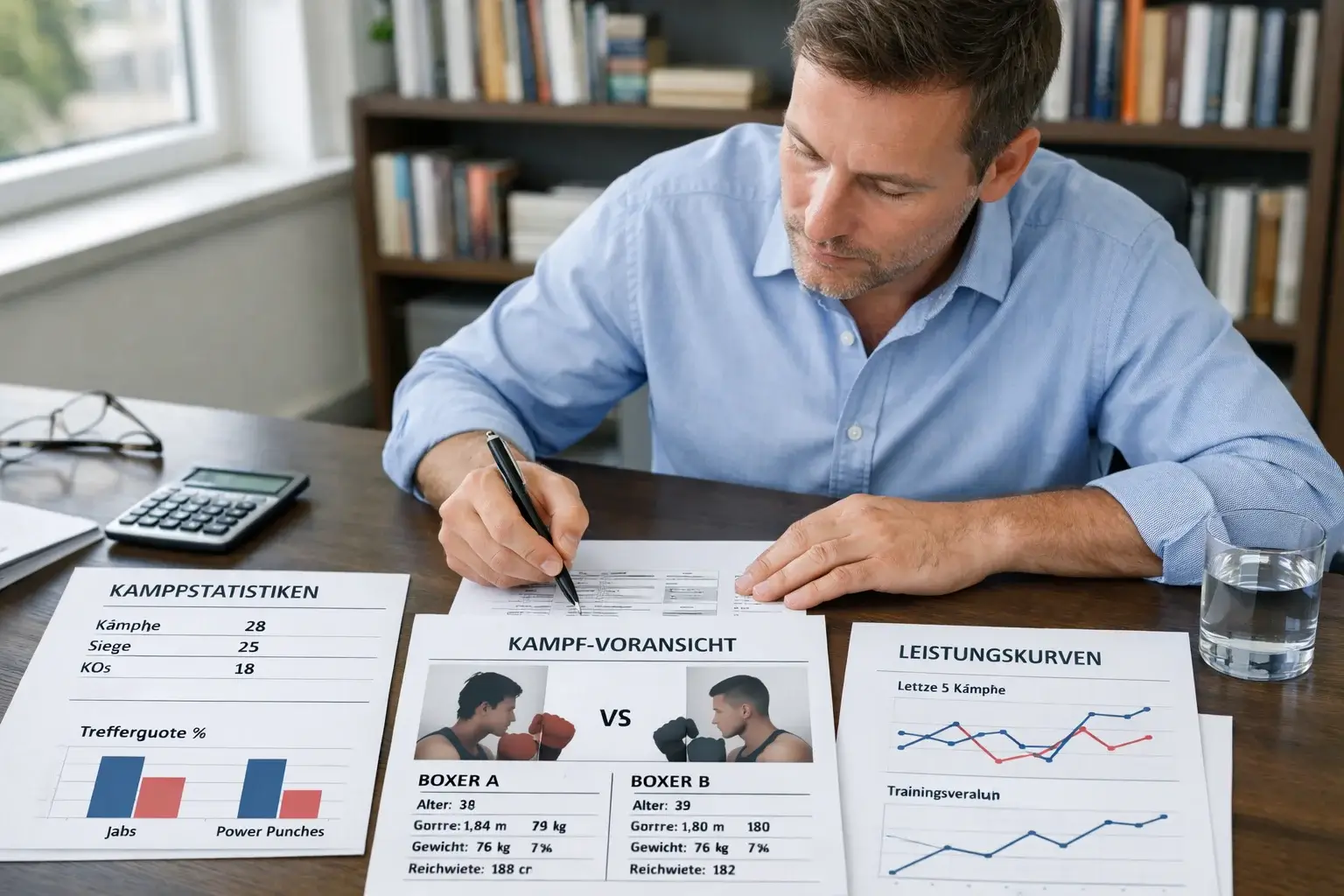 Sportanalyst studiert Kampfstatistiken und Boxer-Profile an einem Schreibtisch