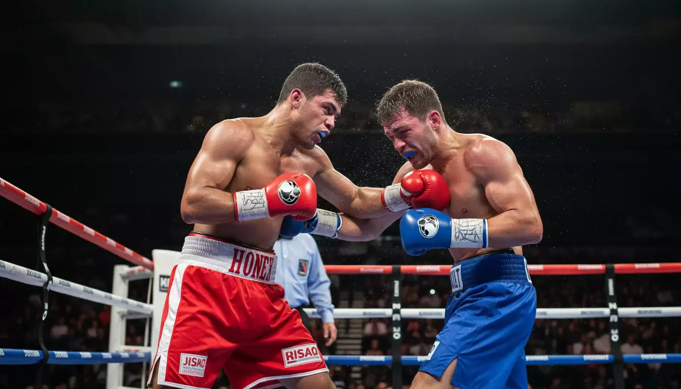 Boxer landet einen entscheidenden Treffer in einem Titelkampf im Boxring