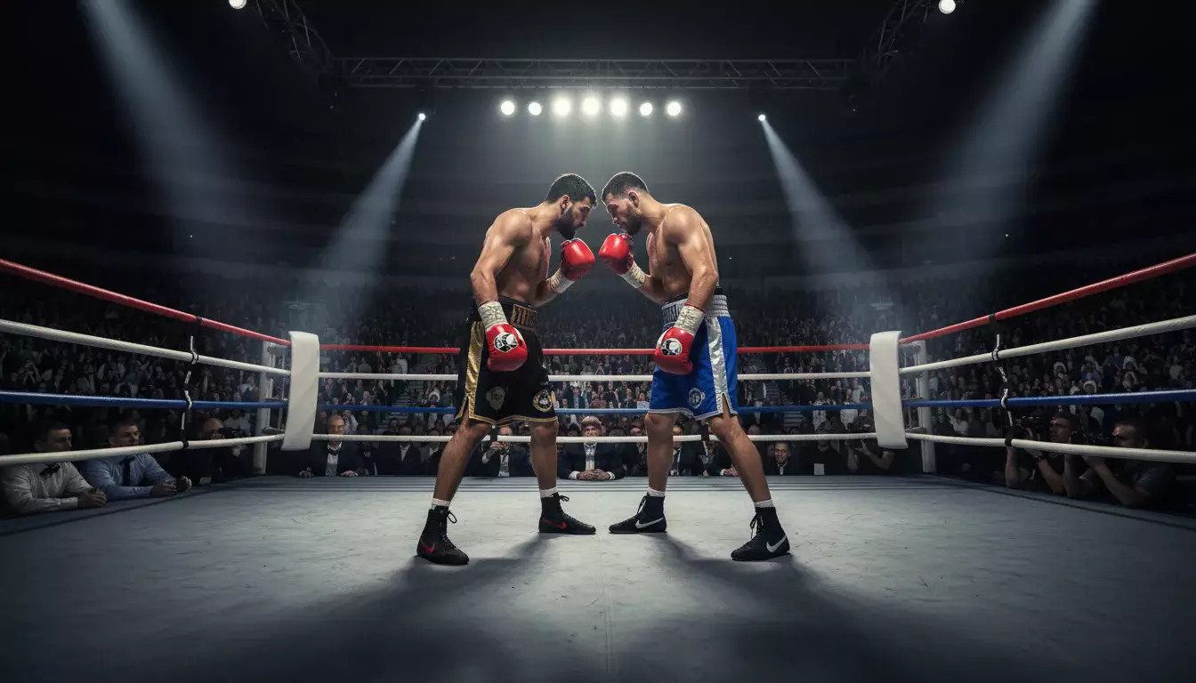 Zwei Boxer im Ring unter Scheinwerferlicht vor einem Titelkampf