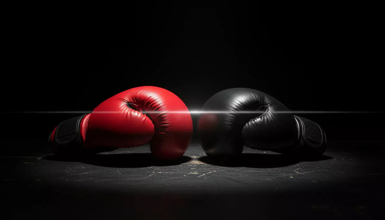 Boxhandschuh und MMA-Handschuh nebeneinander auf einer Leinwand im Licht