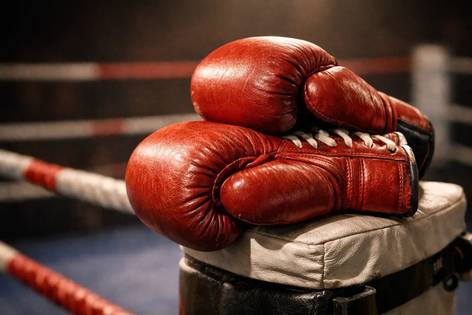 Nahaufnahme von Boxhandschuhen auf einem Trainingsring mit Ringseilen im Hintergrund