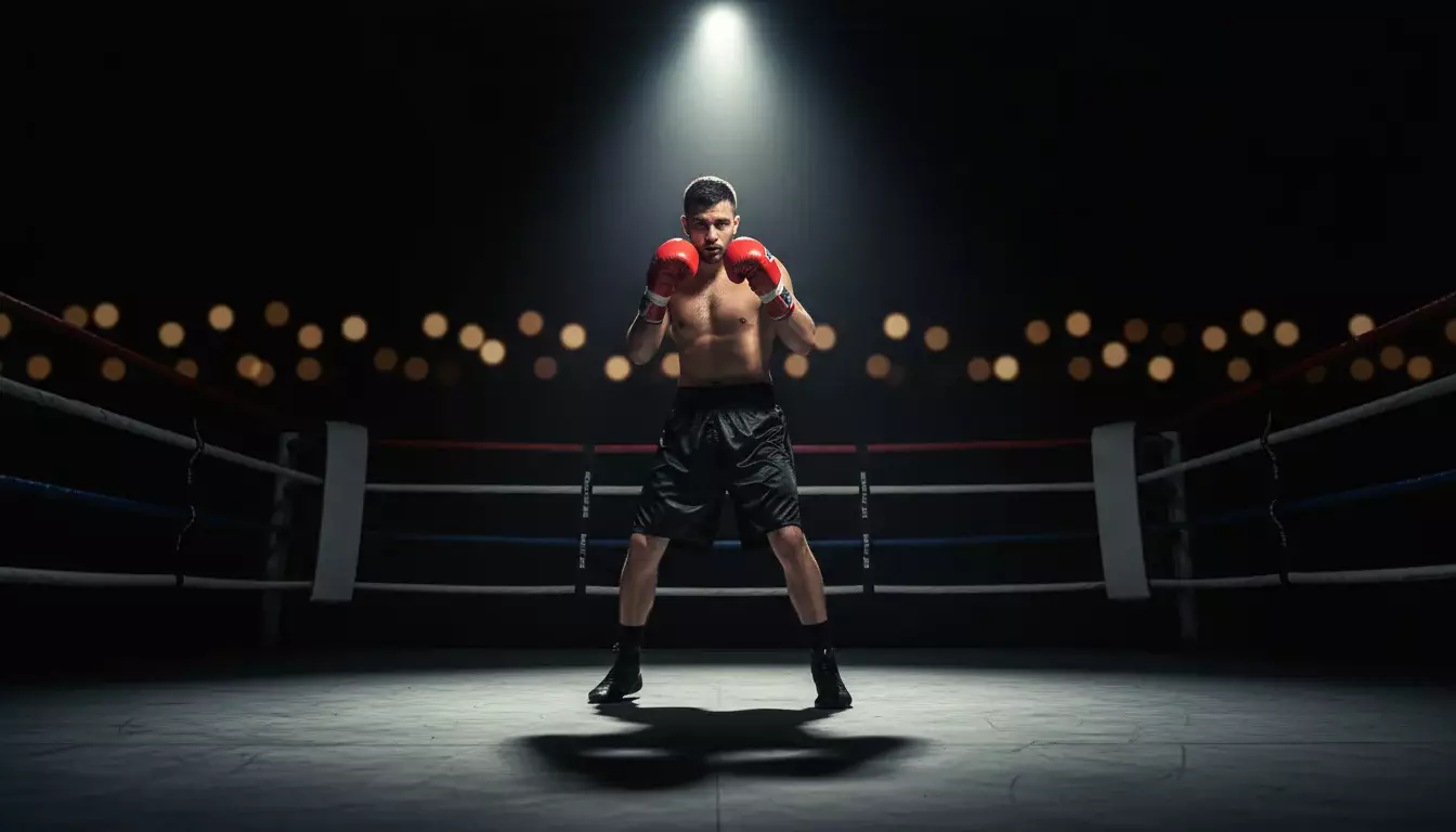 Boxer in Kampfhaltung unter Scheinwerferlicht im Boxring