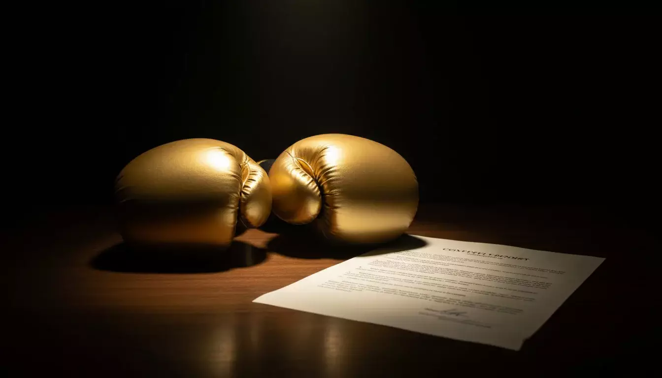 Boxhandschuhe neben einem Dokument mit Bonusbedingungen auf einem Tisch