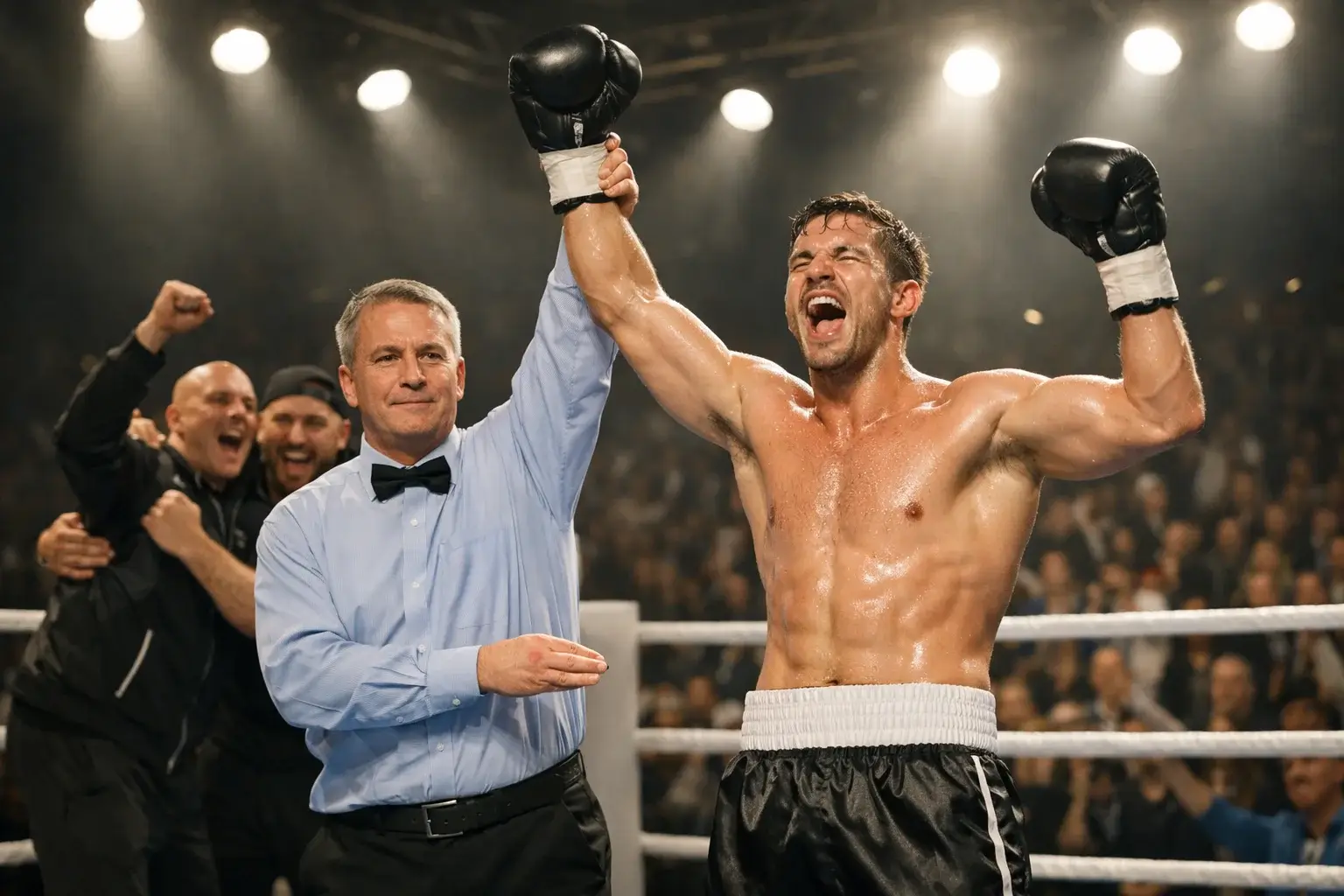 Profi-Boxer im Ring unter dramatischer Beleuchtung während eines Titelkampfes