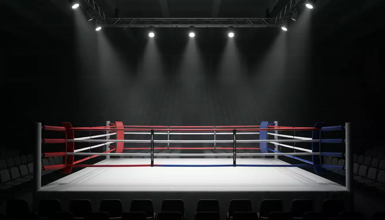 Boxer im Ring unter Scheinwerferlicht vor einem Kampfabend