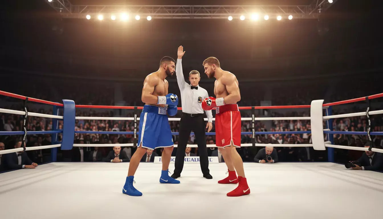 Zwei Boxer stehen sich im Ring gegenüber, Nahaufnahme vor dem Kampf