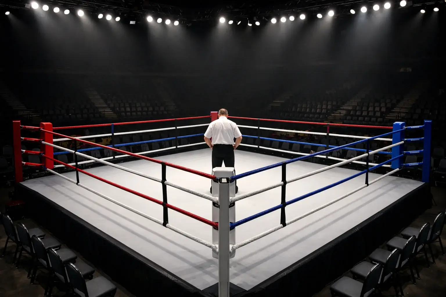 Professioneller Boxring mit Ringseilen und Schiedsrichter vor dem Kampfbeginn