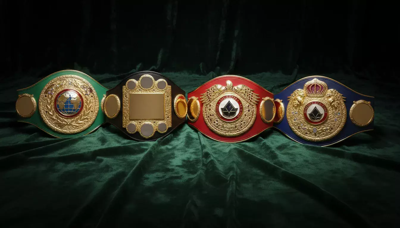 Goldener Boxweltmeister-Gürtel auf einem Tisch im Licht eines Scheinwerfers