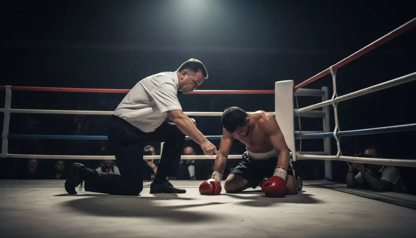 Ringrichter zählt gefallenen Boxer im beleuchteten Boxring an
