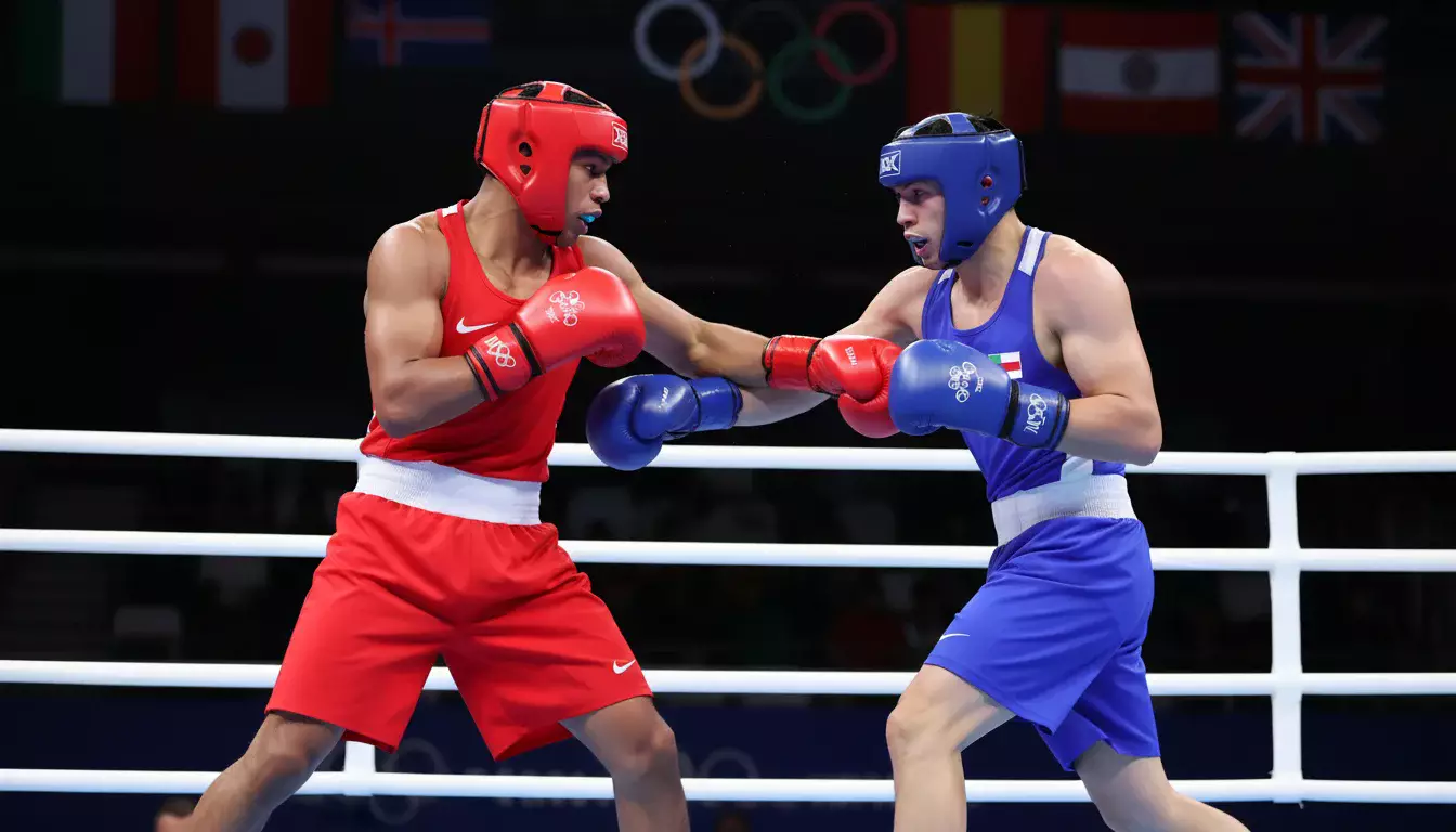 Amateurboxer mit Kopfschutz und rotem Trikot im olympischen Boxring