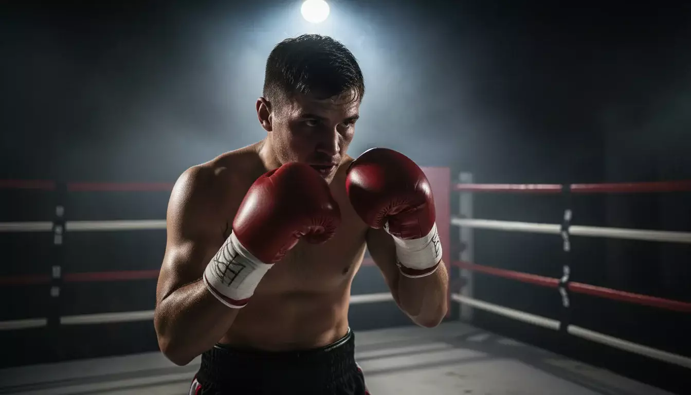 Boxer im Fokus eines Scheinwerferlichts im Boxring vor einem Kampf