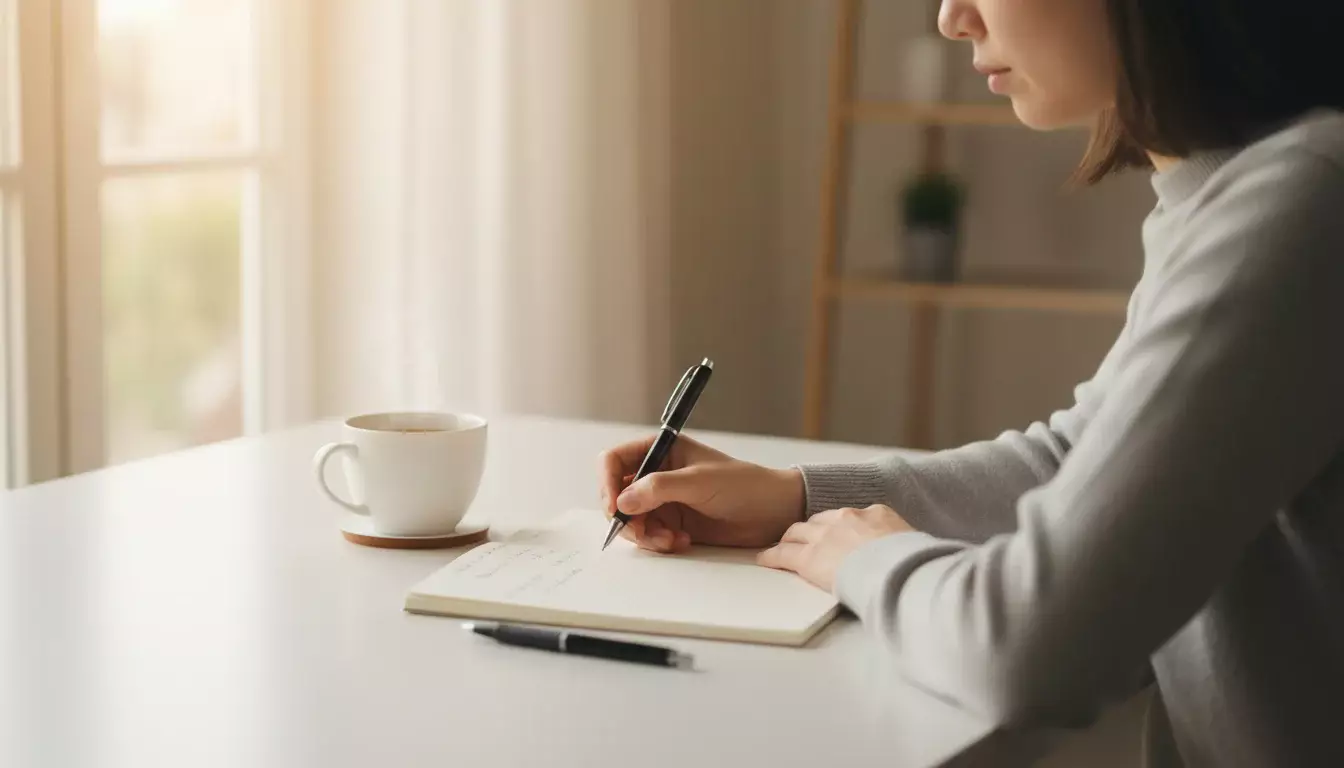 Person macht sich ruhig Notizen an einem Schreibtisch mit Notizbuch